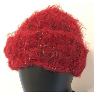 Kenneth Cole Crocheted Soft Fuzzy Red With Metallic Gold Highlights Women's Hat